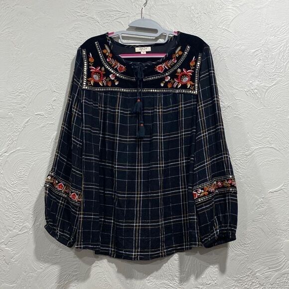 STYLE & CO holiday muse fanatic plaid floral embroidered boho top size Medium - Picture 1 of 8